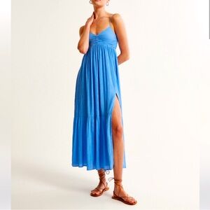 Blue Abercrombie Crinkle Textured Ruched Maxi Dress embire waist v neck summer